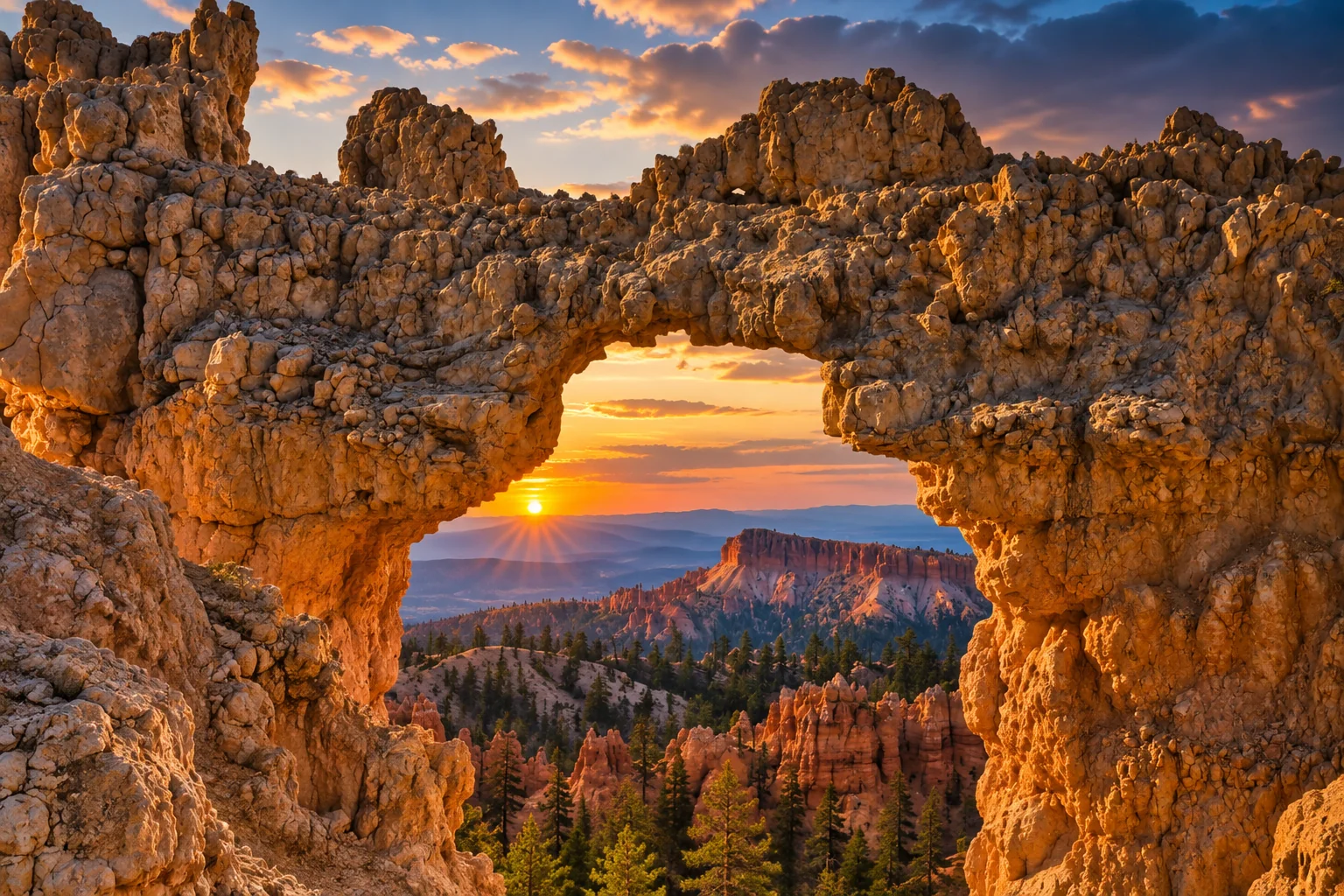 Sunset shining through a rugged rock arch on the Fairyland Trail in Bryce Canyon.