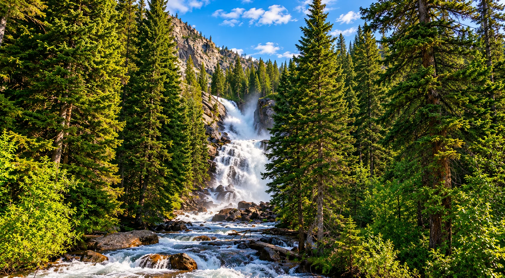 Waterfall tumbling down a forested alpine ravine.